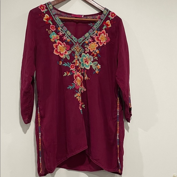 Johnny Was Tops - Johnny Was Burgundy Floral Embroidered Tunic